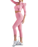 Fashion Puff Shoulder Long Sleeves Coat Bra Drawsting Pants Yoga Three-piece Sets