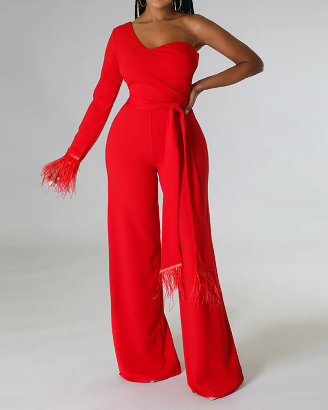 Office Lady One Sleeve Solid Color Fashion Jumpsuits Red Blue White Black S-2XL