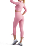 Fashion Puff Shoulder Long Sleeves Coat Bra Drawsting Pants Yoga Three-piece Sets