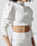 Fashion Puff Shoulder Long Sleeves Coat Bra Drawsting Pants Yoga Three-piece Sets