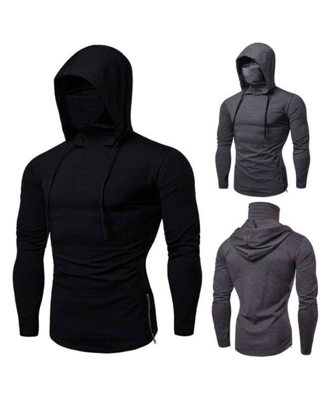 Solid Color Fitness Long Sleeve High Neck Mask Hooded Sweatshirt Deep Grey Black M-3XL