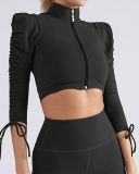 Fashion Puff Shoulder Long Sleeves Coat Bra Drawsting Pants Yoga Three-piece Sets