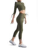 Fashion Puff Shoulder Long Sleeves Coat Bra Drawsting Pants Yoga Three-piece Sets