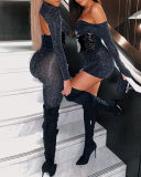 Women Fall Fashion Sexy Glitter Backless Turtleneck Long Sleeve Slim Hoodie Jumpsuit Black S-L