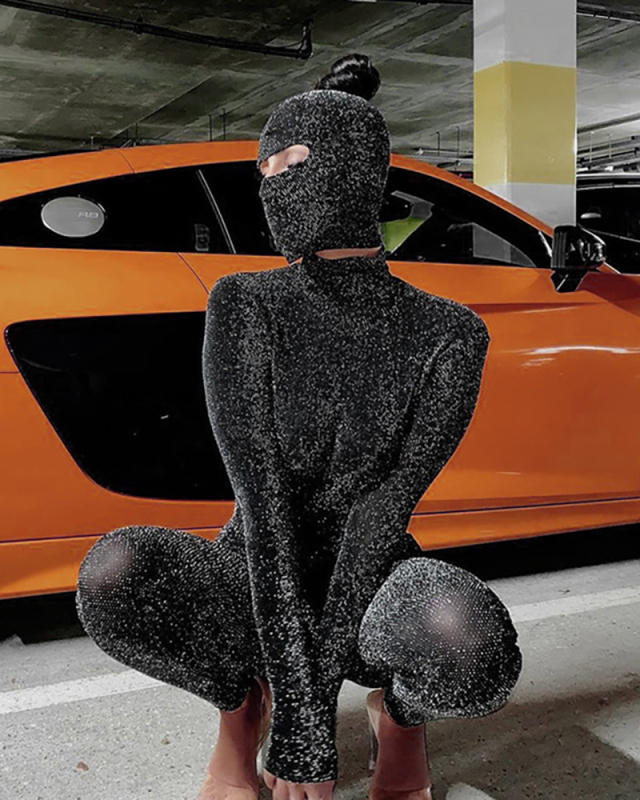 Women Fall Fashion Sexy Glitter Backless Turtleneck Long Sleeve Slim Hoodie Jumpsuit Black S-L