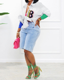 Fashion Colorblock Coloful Buttons Letter Printed Long Sleeve Women T-shirt White Black Red Pink Sky Blue S-2XL