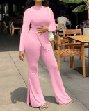 Women Solid Color Long Sleeve O Neck Irregular Fashion Pants Sets Two Pieces Outfit Red Light Green Black White Pink S-2XL