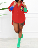 Fashion Colorblock Coloful Buttons Letter Printed Long Sleeve Women T-shirt White Black Red Pink Sky Blue S-2XL