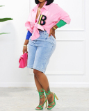 Fashion Colorblock Coloful Buttons Letter Printed Long Sleeve Women T-shirt White Black Red Pink Sky Blue S-2XL