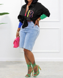 Fashion Colorblock Coloful Buttons Letter Printed Long Sleeve Women T-shirt White Black Red Pink Sky Blue S-2XL