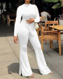 Women Solid Color Long Sleeve O Neck Irregular Fashion Pants Sets Two Pieces Outfit Red Light Green Black White Pink S-2XL
