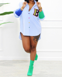 Fashion Colorblock Coloful Buttons Letter Printed Long Sleeve Women T-shirt White Black Red Pink Sky Blue S-2XL