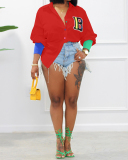 Fashion Colorblock Coloful Buttons Letter Printed Long Sleeve Women T-shirt White Black Red Pink Sky Blue S-2XL
