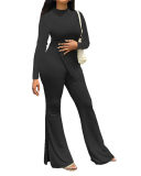 Women Solid Color Long Sleeve O Neck Irregular Fashion Pants Sets Two Pieces Outfit Red Light Green Black White Pink S-2XL