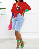 Fashion Colorblock Coloful Buttons Letter Printed Long Sleeve Women T-shirt White Black Red Pink Sky Blue S-2XL