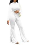 Women Solid Color Long Sleeve O Neck Irregular Fashion Pants Sets Two Pieces Outfit Red Light Green Black White Pink S-2XL