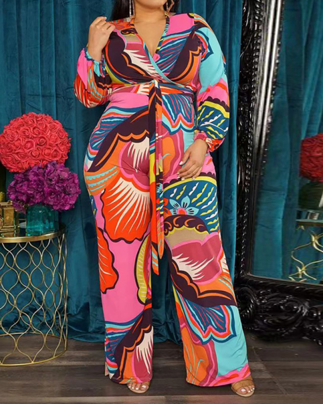 Plus Size Printed Long Sleeve Fashion Jumpsuit XL-5XL