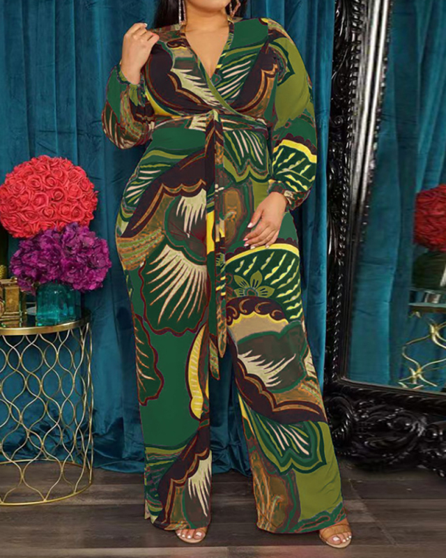 Plus Size Printed Long Sleeve Fashion Jumpsuit XL-5XL