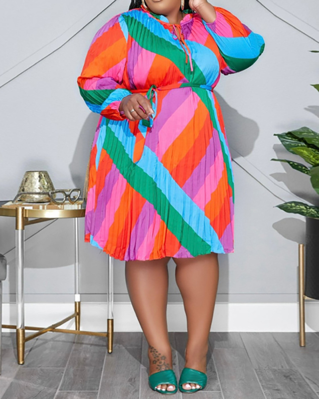 Women Striped Colorblock Long Sleeve Fashion Midi Dress Plus Size Dresses Colorful Red Yellow Coffee XL-5XL