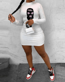 Trendy Long Sleeve Women Printed O Neck Bodycon Mini Dresses White S-XL