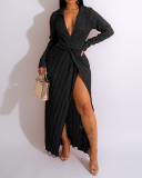Autumn Long Sleeve Ruched High Slit Solid Color Lapel Women Casual Maxi Dresses Black Yellow Blue Red Purple S-2XL