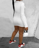 Trendy Long Sleeve Women Printed O Neck Bodycon Mini Dresses White S-XL