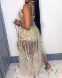Women Sequin Mesh See Through Maxi Dresses Beige Black Purple S-2XL