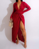 Autumn Long Sleeve Ruched High Slit Solid Color Lapel Women Casual Maxi Dresses Black Yellow Blue Red Purple S-2XL