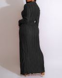 Autumn Long Sleeve Ruched High Slit Solid Color Lapel Women Casual Maxi Dresses Black Yellow Blue Red Purple S-2XL