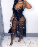 Women Sequin Mesh See Through Maxi Dresses Beige Black Purple S-2XL