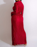 Autumn Long Sleeve Ruched High Slit Solid Color Lapel Women Casual Maxi Dresses Black Yellow Blue Red Purple S-2XL