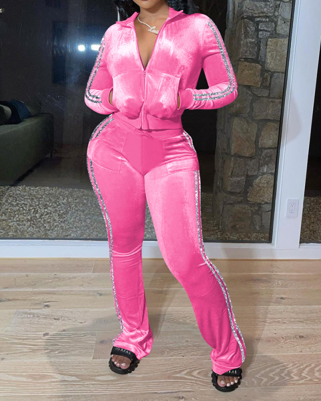 Hot Salel Lapel Women Long Sleeve Velvet High Waist Pants Sets Two Pieces Outfit Pink Purple Sky Blue Grey Black S-XL