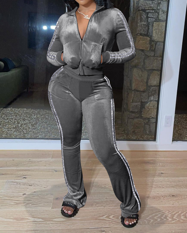 Hot Salel Lapel Women Long Sleeve Velvet High Waist Pants Sets Two Pieces Outfit Pink Purple Sky Blue Grey Black S-XL
