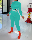 Women Colorblock Sexy Slim Mock Neck Long Sleeve Jumpsuits Green Rosy Black S-XL