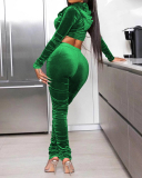 Solid Color Women Velvet Hooded Ruched Pants Sets Two Pieces Outfit Red Green Deep Brown Blue Gray S-XL