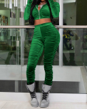 Solid Color Women Velvet Hooded Ruched Pants Sets Two Pieces Outfit Red Green Deep Brown Blue Gray S-XL