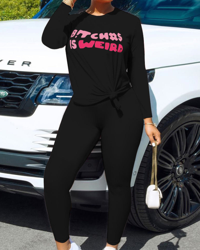 Women Fashion New Sports Casual Long Sleeve Printed T-shirt Two Pieces Outfit Pants Sets Black Rosy Blue Wine Red S-5XL