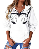 Fashion Butterfly Printed Women Long Sleeve Hoodies Zipper Neck Sweatshirts White Blue Khaki Gray Purple S-3XL