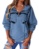 Fashion Butterfly Printed Women Long Sleeve Hoodies Zipper Neck Sweatshirts White Blue Khaki Gray Purple S-3XL