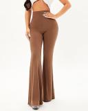 Women Solid Color High Waist Casual Flared Pants Gray Black Coffee S-2XL