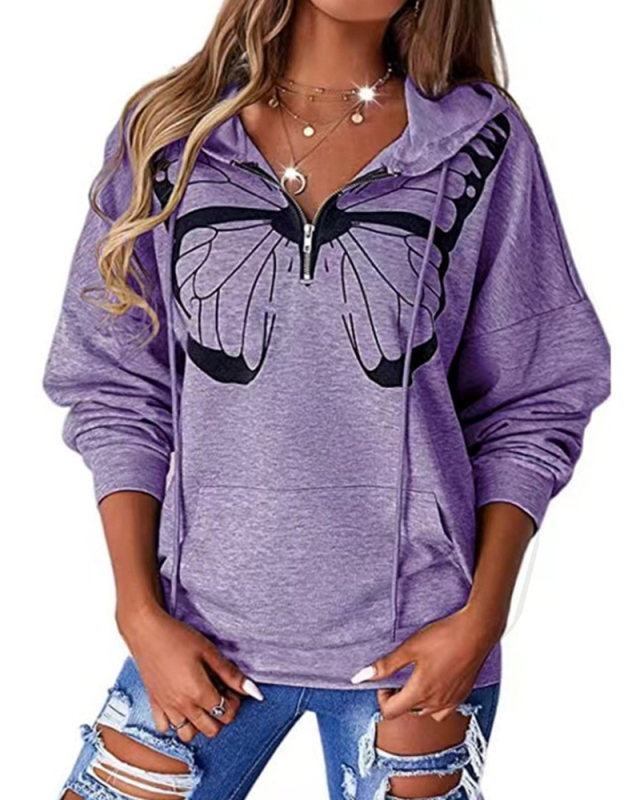 Fashion Butterfly Printed Women Long Sleeve Hoodies Zipper Neck Sweatshirts White Blue Khaki Gray Purple S-3XL