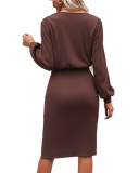 Elegant Women Long Sleeve Side Slit Solid Color  Bodycon Midi Dresses Black Wine Red Blue Deep Brown Apricot Khaki S-2XL