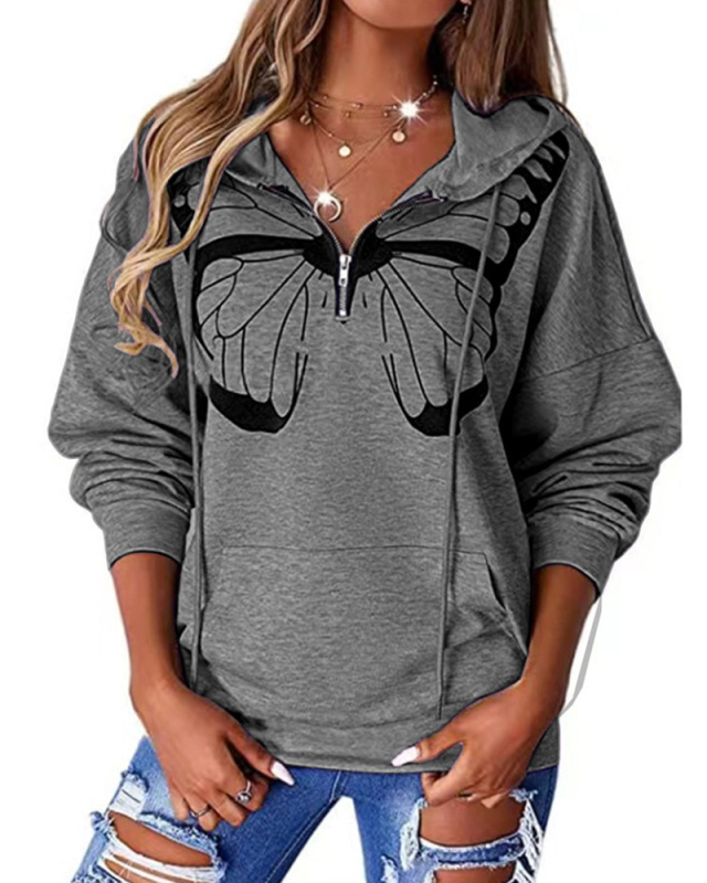 Fashion Butterfly Printed Women Long Sleeve Hoodies Zipper Neck Sweatshirts White Blue Khaki Gray Purple S-3XL