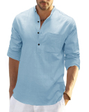 Men's Hot Sale Long Sleeve Pocket Solid Color Linen Shirt S-2XL