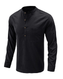 Men's Hot Sale Long Sleeve Pocket Solid Color Linen Shirt S-2XL