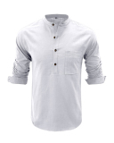 Men's Hot Sale Long Sleeve Pocket Solid Color Linen Shirt S-2XL