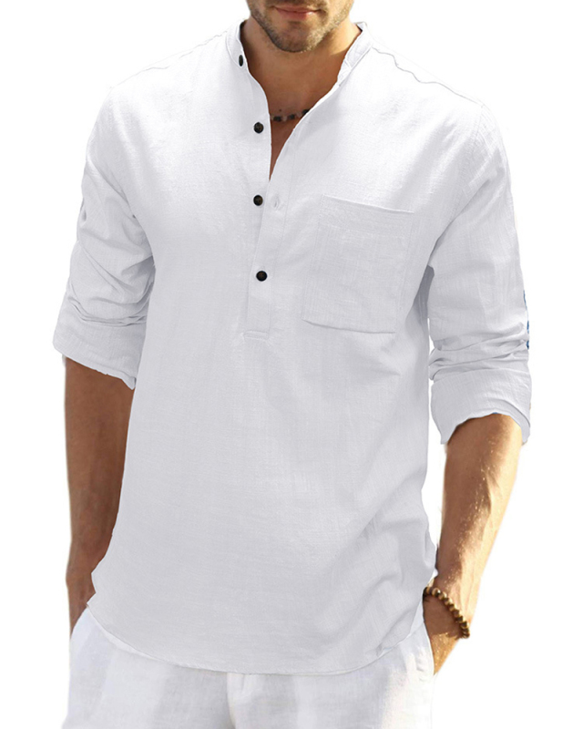 Men's Hot Sale Long Sleeve Pocket Solid Color Linen Shirt S-2XL