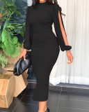 Women Solid Color Long Slit Sleeve Bodycon Ruched Elegant Slim Dress Plus Size Dresses Red Black Pink S-5XL