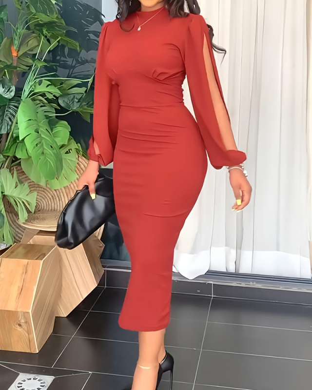 Women Solid Color Long Slit Sleeve Bodycon Ruched Elegant Slim Dress Plus Size Dresses Red Black Pink S-5XL
