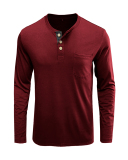 Mens Long Sleeve Button Neck Pocket Solid Color Basic Autumn T-shirt S-2XL